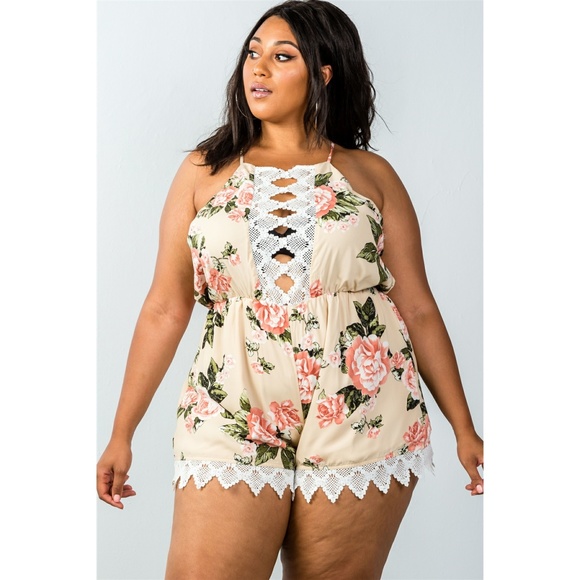 Pants - PLUS SIZE TAUPE SLEEVELESS CROCHET TRIM ROMPER